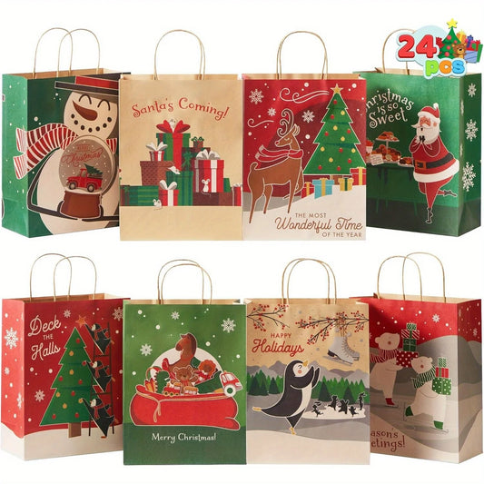 JOYFY 24 Pcs Christmas Kraft Gift Bags with Twine Handles 10'' X 13'' X 5'' Large Xmas Goodie Goody Treat Bags for Xms Holiday