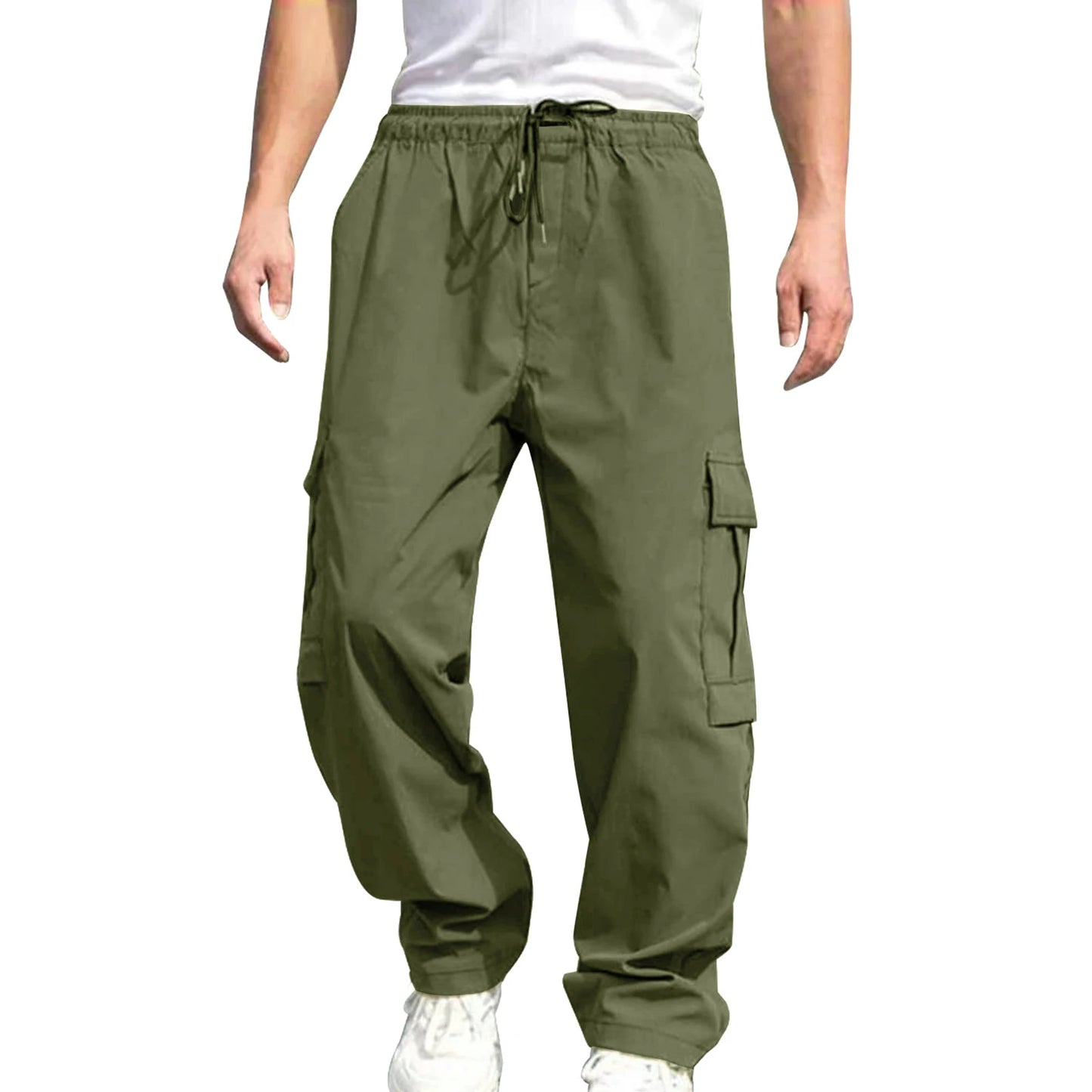 Men s Loose Cargo Long Pants Solid Color Drawstring Waist Straight Leg Trousers Casual Work Pants with Pockets