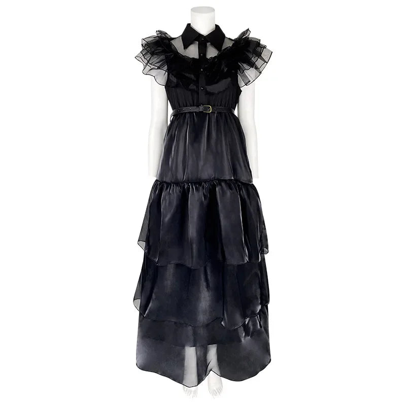 ﻿ Wednesday Addams Cosplay Dress For Girl Kids Movie Black Dress Adult Women's Dress Halloween Carnival Party Role Play Set