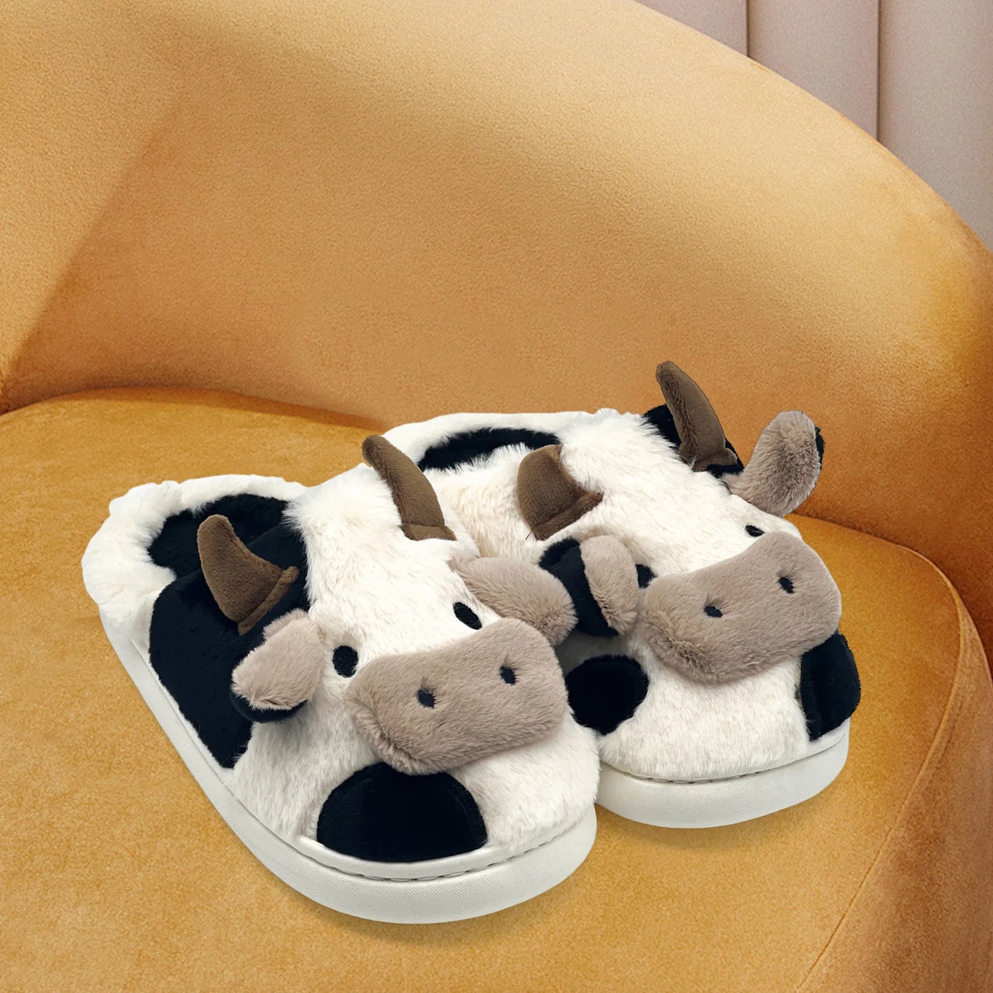Fuzzy Cow Slippers for Women & Men, Couple's Warm Cartoon Cow Animals Slippers, Winter Cozy Fluffy Plush Slip On House Slippers