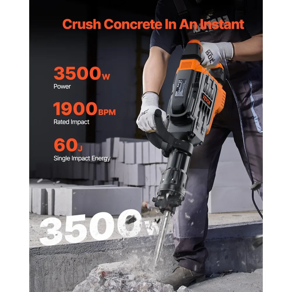 VEVOR 3500W Electric Demolition Hammer, 1900 BPM Durable Jack Hammer, Concrete Breaker with 2 Chisels, Gloves, and a 360° Rotata