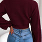 Women Y2K Bow Tie V Neck Bodycon Cropped Pullover Sweater Long Sleeve Fall Winter Solid Knit Top