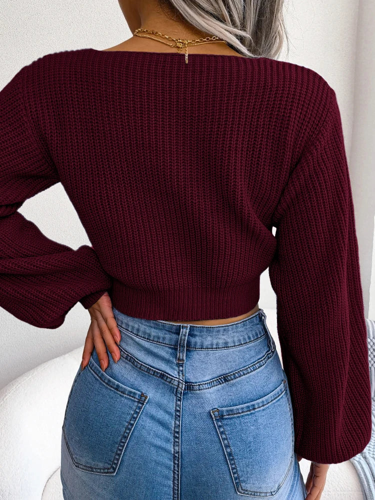 Women Y2K Bow Tie V Neck Bodycon Cropped Pullover Sweater Long Sleeve Fall Winter Solid Knit Top