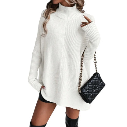 Autumn and Winter New Fashion Woman Sweater Irregular Hem Turtleneck Pullover Long Sleeve Knit Top