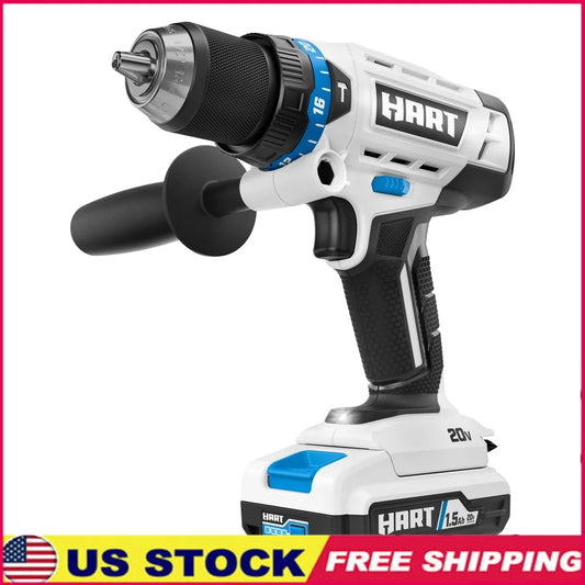 20V Cordless Hammer Drill Kit 24 Position Clutch 1/2 Inch Metal Chuck LED Light Auxiliary Handle Fast Charger Included