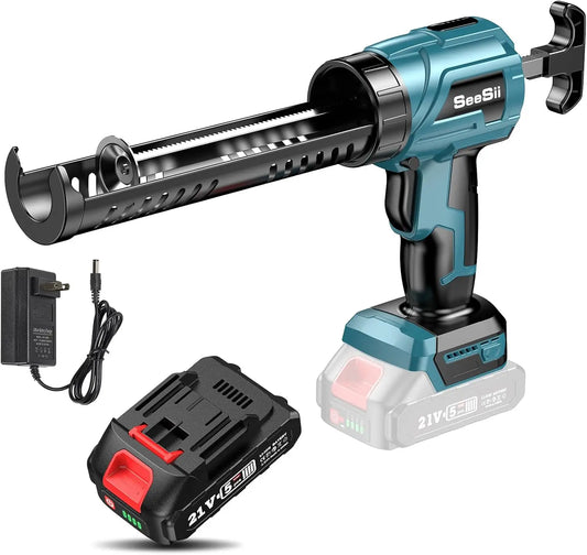 Seesii Cordless Caulking Gun 21V Battery Caulk Gun Electric Glue Gun 4 Speeds Auto Retract  Adhesive Gun Kit for Filling Sealing