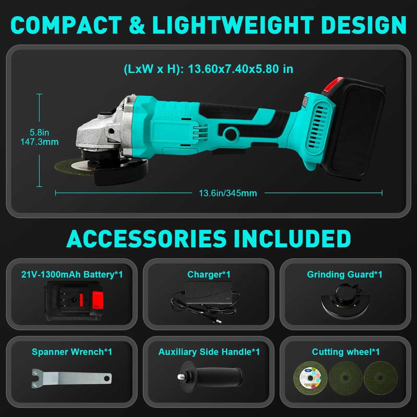 Cordless Angle Grinder Kit Electric Tool 4Inch 21V Brushless Power 9000r/min 2x1300mAh Lithium Batteries for Cutting Shaping