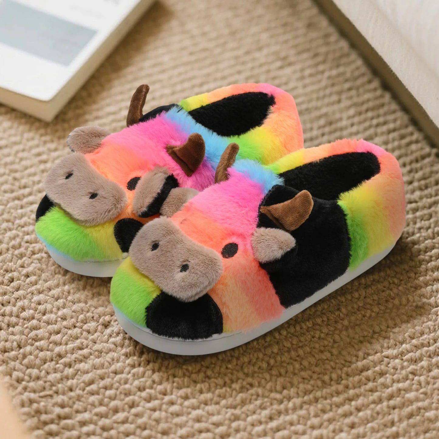 Fuzzy Cow Slippers for Women & Men, Couple's Warm Cartoon Cow Animals Slippers, Winter Cozy Fluffy Plush Slip On House Slippers