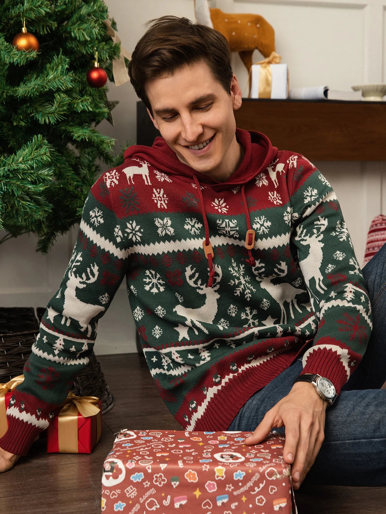 Christmas Men's Sweater with Hood - Festive Reindeer & Snowflake Design for Holiday Warmth