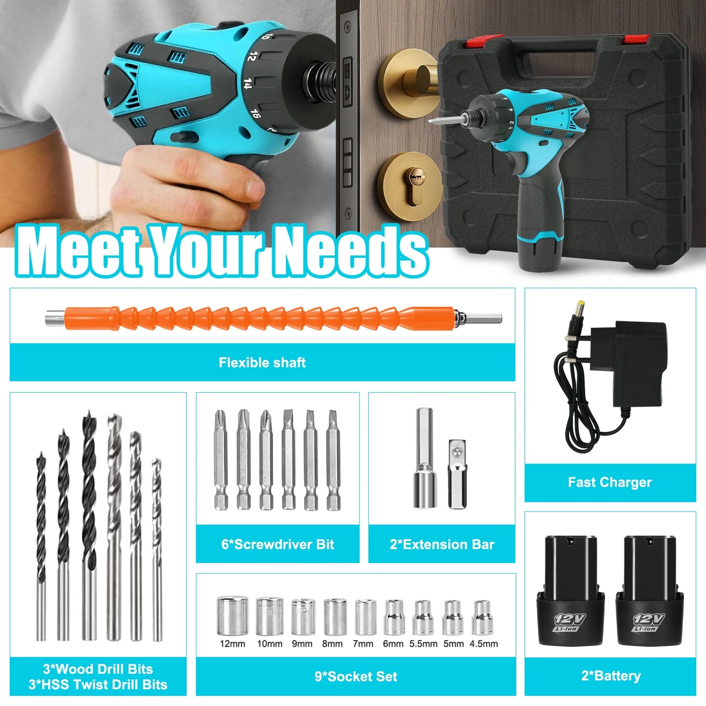 180N.m Electric Screwdriver Cordless Brushless Multi-Function 12V Drill/Driver Power Tools Two 1.3Ah Lithium-ion Batteries