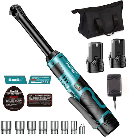 Seesii RT400B 3/8" Long Neck Ratchet Wrench 40Ft-lbs 6" Extended Cordless Ratchet Wrench 220RPM 2x2.0Ah Batteries Variable Speed