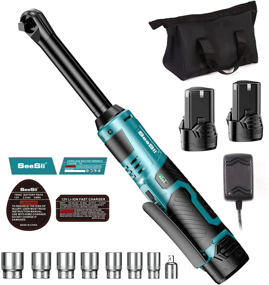 Seesii RT400B 3/8" Long Neck Ratchet Wrench 40Ft-lbs 6" Extended Cordless Ratchet Wrench 220RPM 2x2.0Ah Batteries Variable Speed