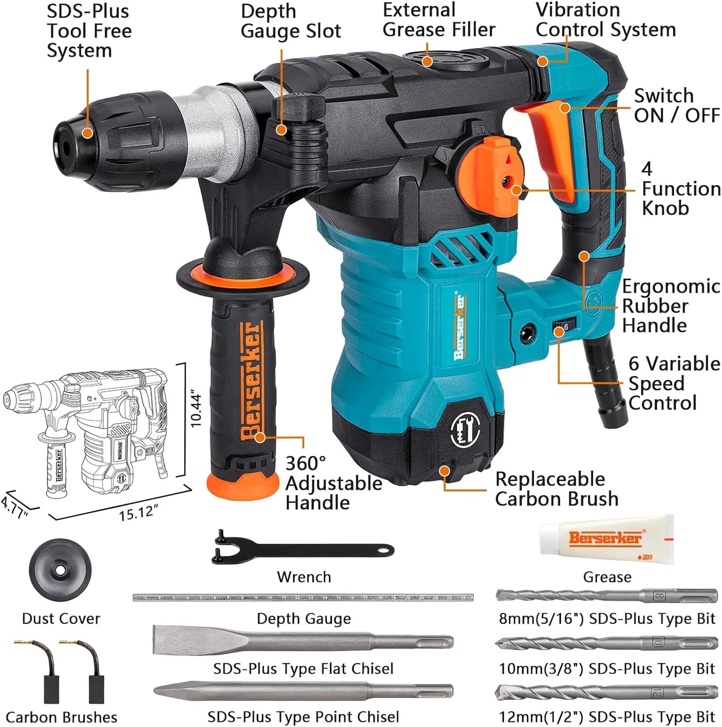 1-1/4" SDS-Plus Rotary Hammer Drill with Vibration Control,Safety Clutch,12.5 Amp 4 Functions Corded Rotomartillo for Concrete-I
