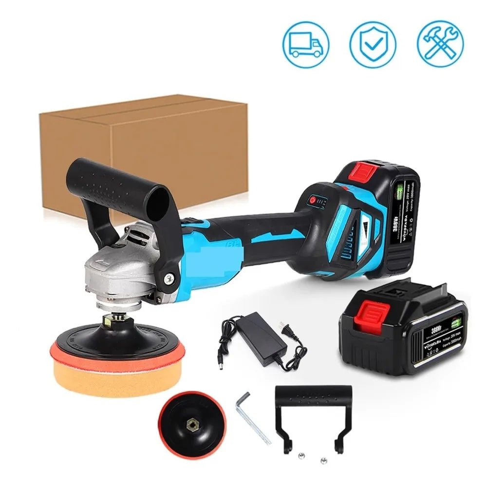 Brushless Angle Grinder 1600W Variable Speed Car Polisher for 18V Battery - Wet Polishing and Waxing Machine with Two Batteries