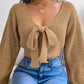 Women Y2K Bow Tie V Neck Bodycon Cropped Pullover Sweater Long Sleeve Fall Winter Solid Knit Top