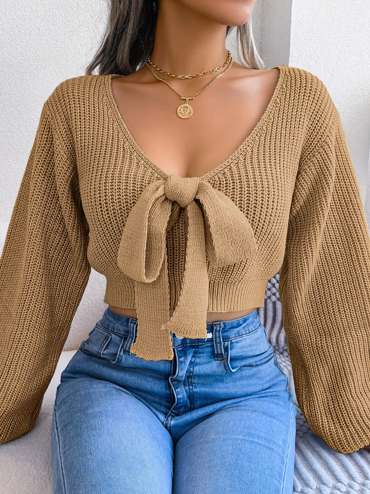 Women Y2K Bow Tie V Neck Bodycon Cropped Pullover Sweater Long Sleeve Fall Winter Solid Knit Top