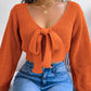 Women Y2K Bow Tie V Neck Bodycon Cropped Pullover Sweater Long Sleeve Fall Winter Solid Knit Top