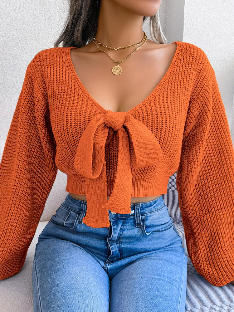 Women Y2K Bow Tie V Neck Bodycon Cropped Pullover Sweater Long Sleeve Fall Winter Solid Knit Top