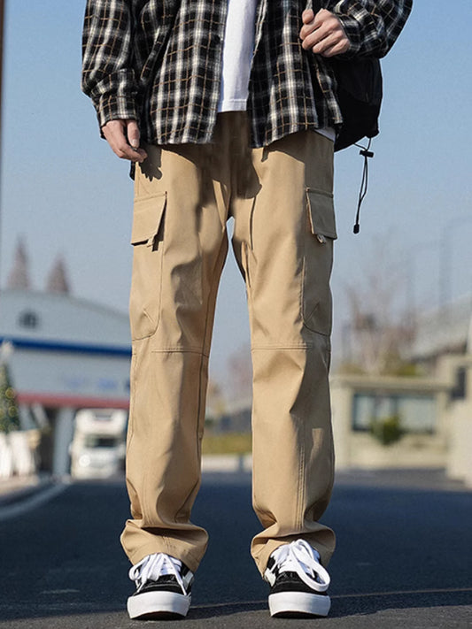 Men's Autumn-Winter Cargo Jogger Fleece Sweatpants Loose Multi-Pocket Long Trousers for Hip Hop Street Style