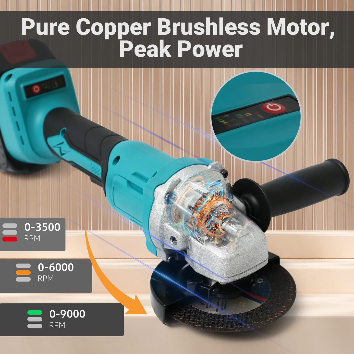 Cordless Angle Grinder Kit Brushless 2x21V-1300mAh Batteries Charger 2 Grinding Wheels 10 Cutting Discs for Cutting Polishing