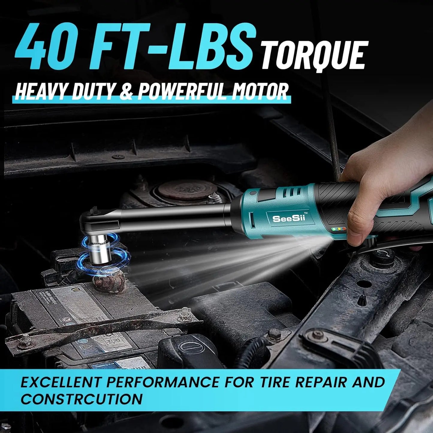 Seesii RT400B 3/8" Long Neck Ratchet Wrench 40Ft-lbs 6" Extended Cordless Ratchet Wrench 220RPM 2x2.0Ah Batteries Variable Speed