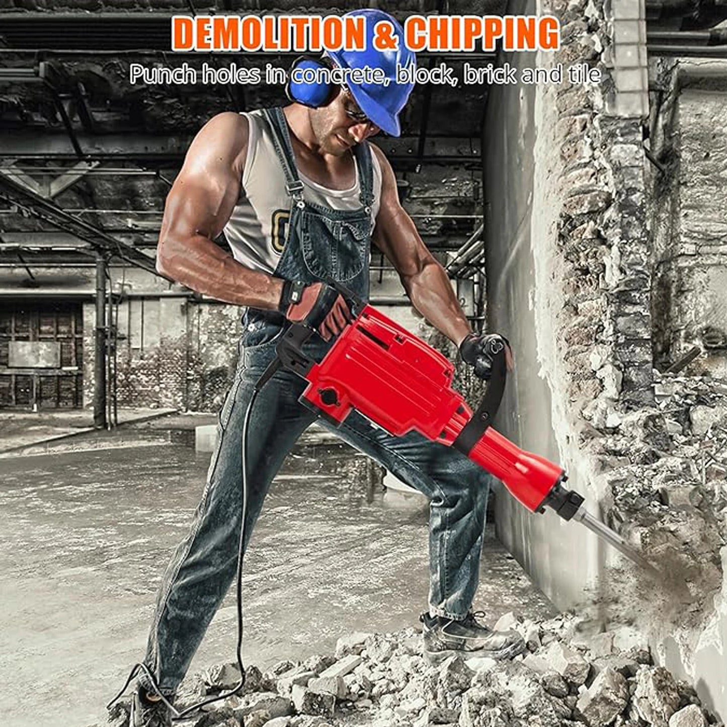 Heavy Duty 2200W Electric Demolition Jack Hammer - Powerful Concrete Breaker, 2 Chisels Included, Durable Carrying Case