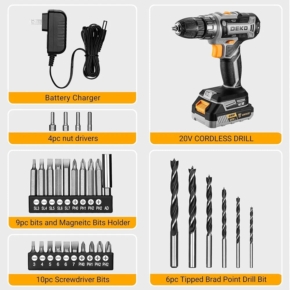 DEKO Cordless Drill 20V Electric Power Drill Set Drills Cordless with Battery and Charger Drill Driver Power Drill Cordless