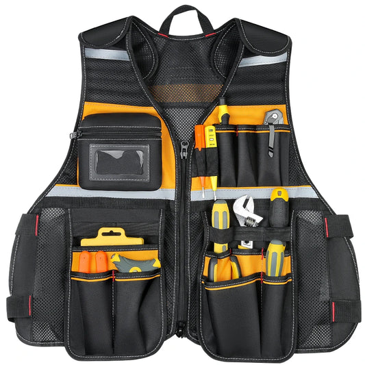 WINHUNT Tool Vest, Multi-Pocket Work Vest with Reflective Strips, Oxford Fabric Construction, Black and Yellow