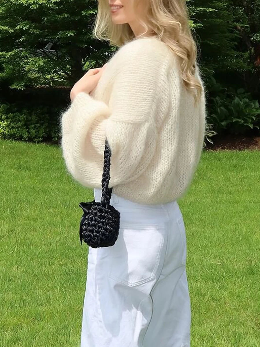 Women s Cozy Knit Sweater Long Puff Sleeve Open Front Solid Color Cardigan Winter Jacket with Faux Fur Trim