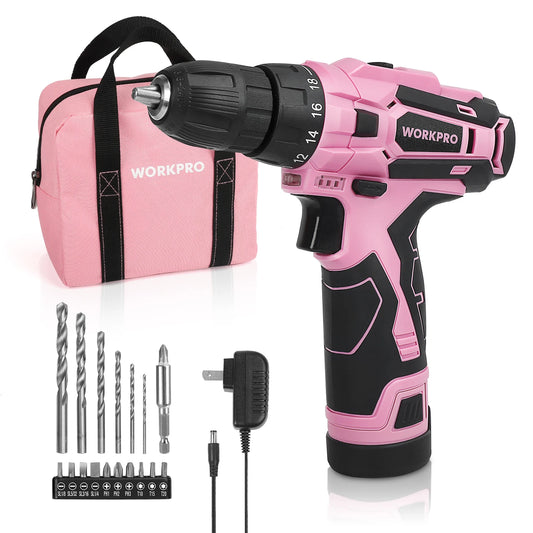 WORKPRO Pink Cordless Drill Driver Set, 12V Electric Screwdriver Driver Tool Kit, 3/8" Keyless Chuck