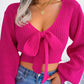 Women Y2K Bow Tie V Neck Bodycon Cropped Pullover Sweater Long Sleeve Fall Winter Solid Knit Top