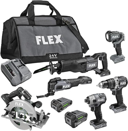24V Brushless Cordless 6-Tool Combo Kit: Hammer Drill, Hex Impact Driver, Circular Saw, Multi-Tool, Reciprocating Saw, Work Ligh