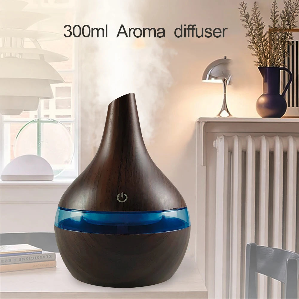 300ml Wood Grain Humidifier & Essential Oil Diffuser  USB Powered with 2 Aroma Oils