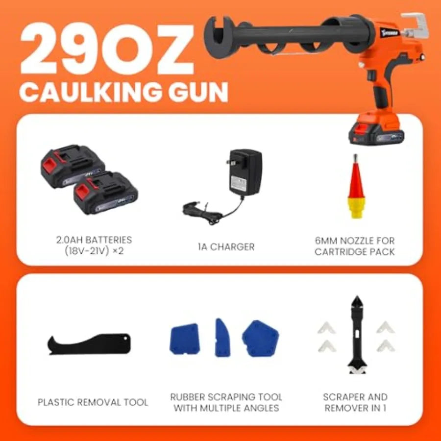 Cordless Caulking Gun 29 oz with 2 Batteries 2Ah Auto Retract LED Light 6500N 09.5mm s Stepless Speed Control for Professional
