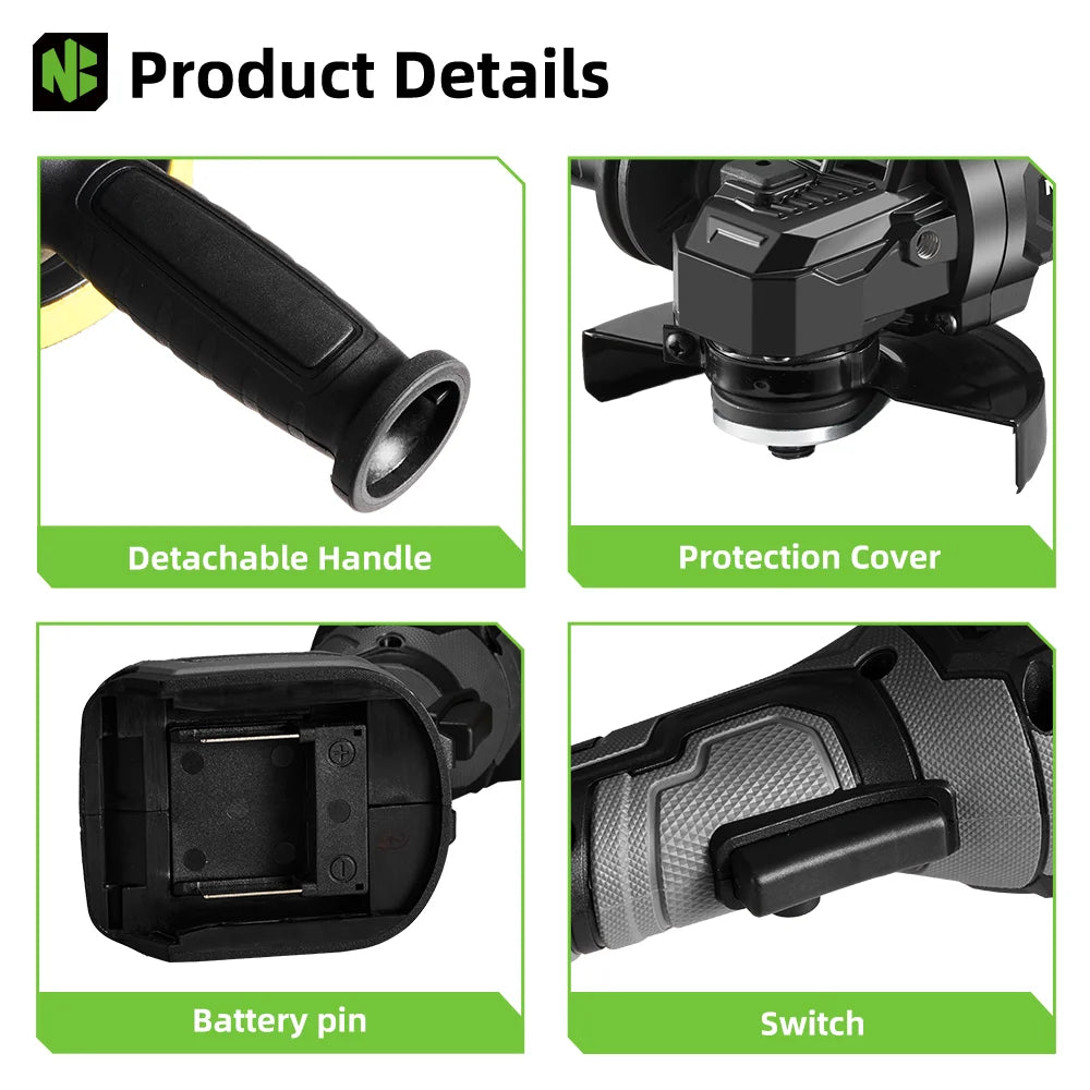 NEWBENY 125mm Brushless Cordless Electric Angle Grinder 3 Gears High Power Grinding Polisher Cutter Tool For Makita Battery Pin