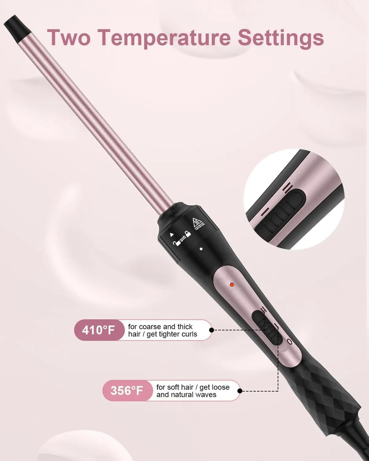 3/8 Inch Tourmaline Ceramic Curling Wand, Small Curling Iron for Short & Long Hair, 30S Instant Heat Up, 2 Temperature Settings,