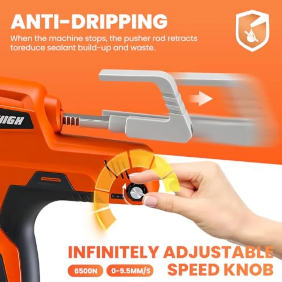 Cordless Caulking Gun 29 oz with 2 Batteries 2Ah Auto Retract LED Light 6500N 09.5mm s Stepless Speed Control for Professional