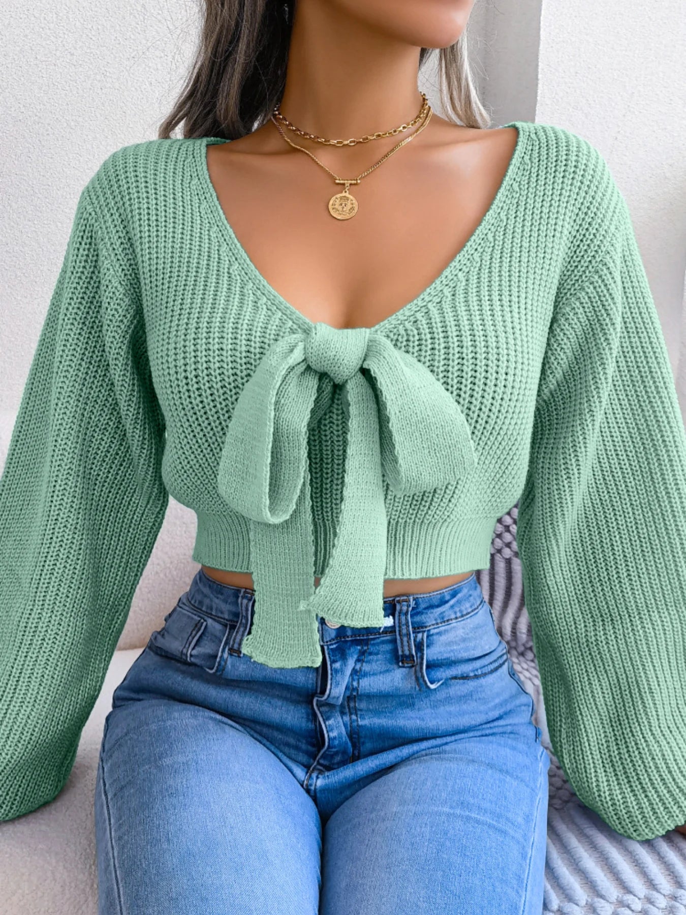 Women Y2K Bow Tie V Neck Bodycon Cropped Pullover Sweater Long Sleeve Fall Winter Solid Knit Top