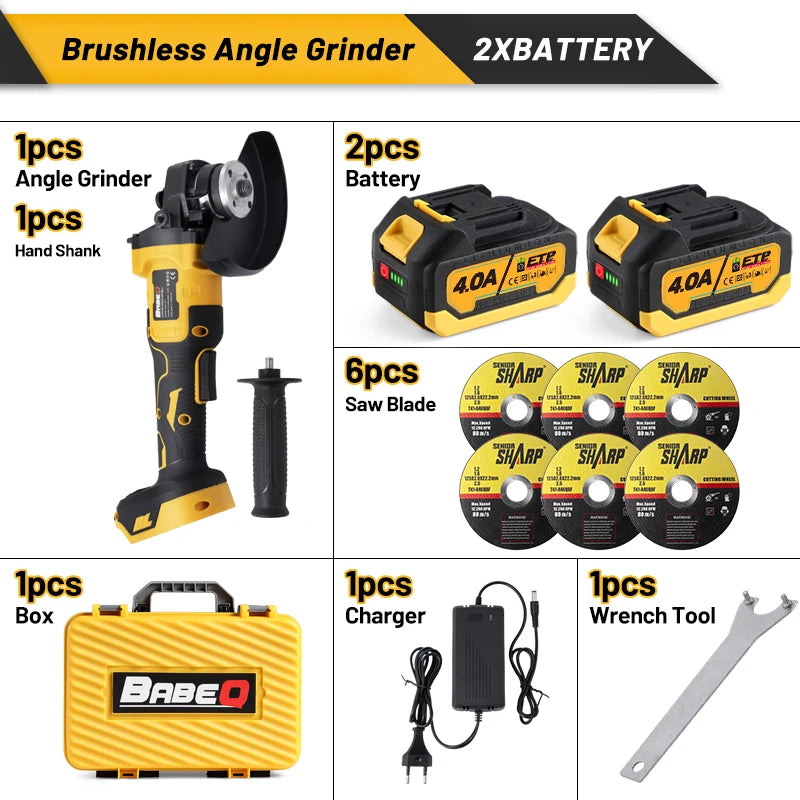 BABEQ 125MM Brushless Angle Grinder Cordless Grinder 3-Speed Metal Wood Cutting Polishing Power Tool for Makita 18V Battery Pin