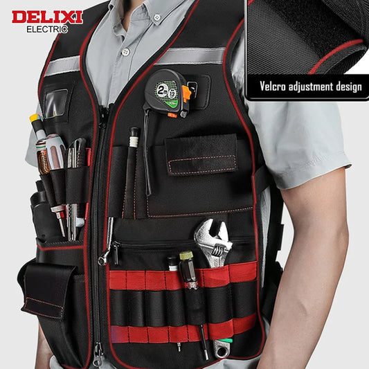 DELIXI ELECTRIC Electrician Tool vest, Woodworking and Construction Tool Vest, 17-pocket Men's Workwear