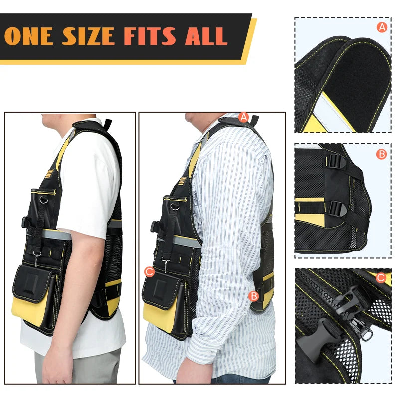 Heavy Duty Tool Vest Reflective Safety Multiple Pockets Oxford Tool Vest Breathable Adjustable Wear-resistant Storage Tool
