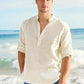 Men's Linen Stand Collar Long Sleeve T-Shirt Loose Fit; Solid Color Long Sleeve Cotton Linen Shirt