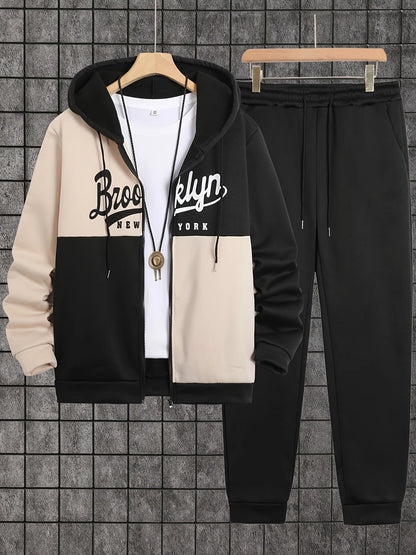 2-piece men's autumn/winter printed zip-up long-sleeved sweatshirt and sweatpants set