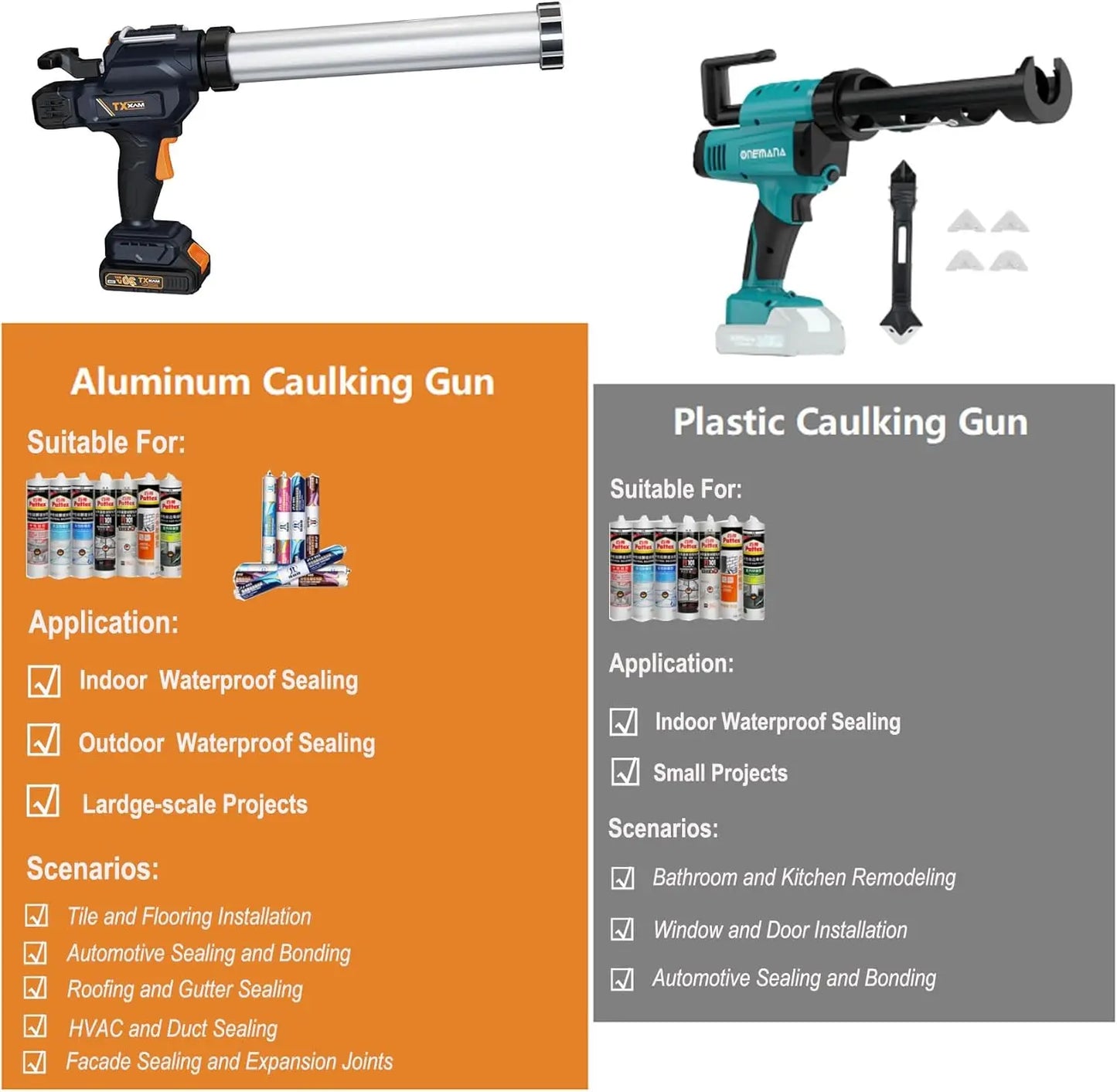 2-in-1 Cordless Caulking Gun Sausage Gun with 2.0AH Batteries, for 10oz-20oz/300-600ml Cartridges and Sausage Packs, Anti-Drippi