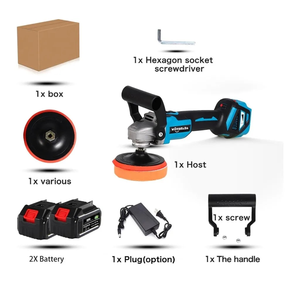 Brushless Angle Grinder 1600W Variable Speed Car Polisher for 18V Battery - Wet Polishing and Waxing Machine with Two Batteries