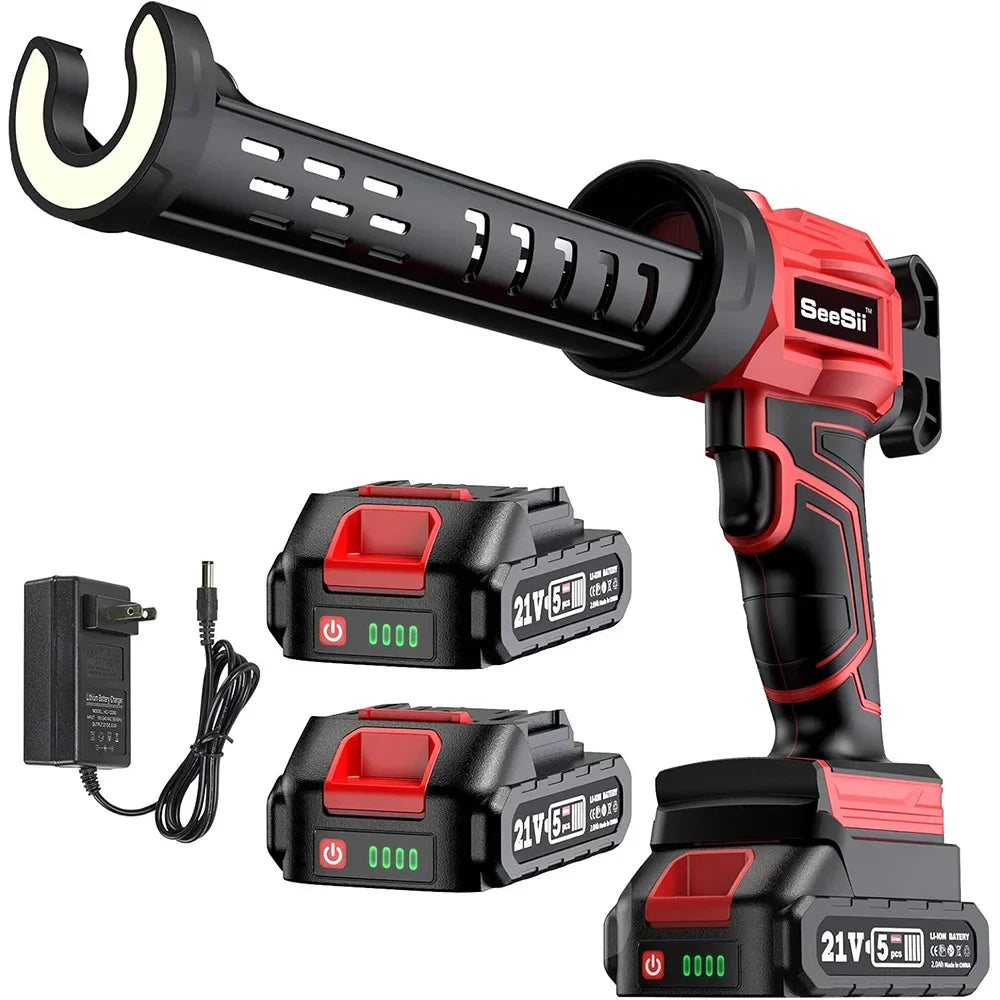 Seesii Cordless Caulk Gun 4 Adjustable Speed Glue Gun Anti-Drip Design 10oz/300ml Silicone Gun for Filling, Sealing w/ LED Light