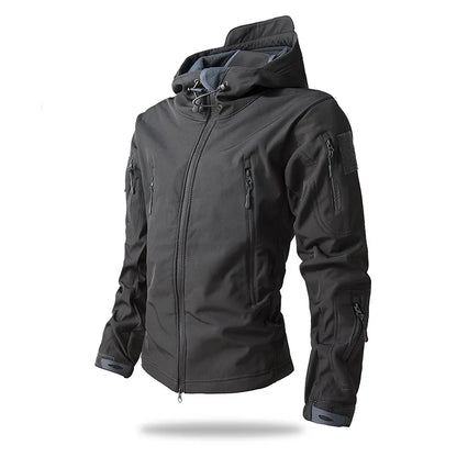 Men's hooded casual military outdoor multifunctional jacket, fashionable shark skin soft shell tactical waterproof jacket
