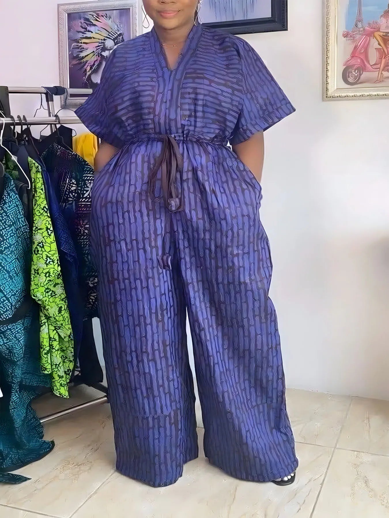 Best - Seller Alert! Purple - toned Geometric - patterned Waist - cinching Jumpsuit, Blending Style and Comfort