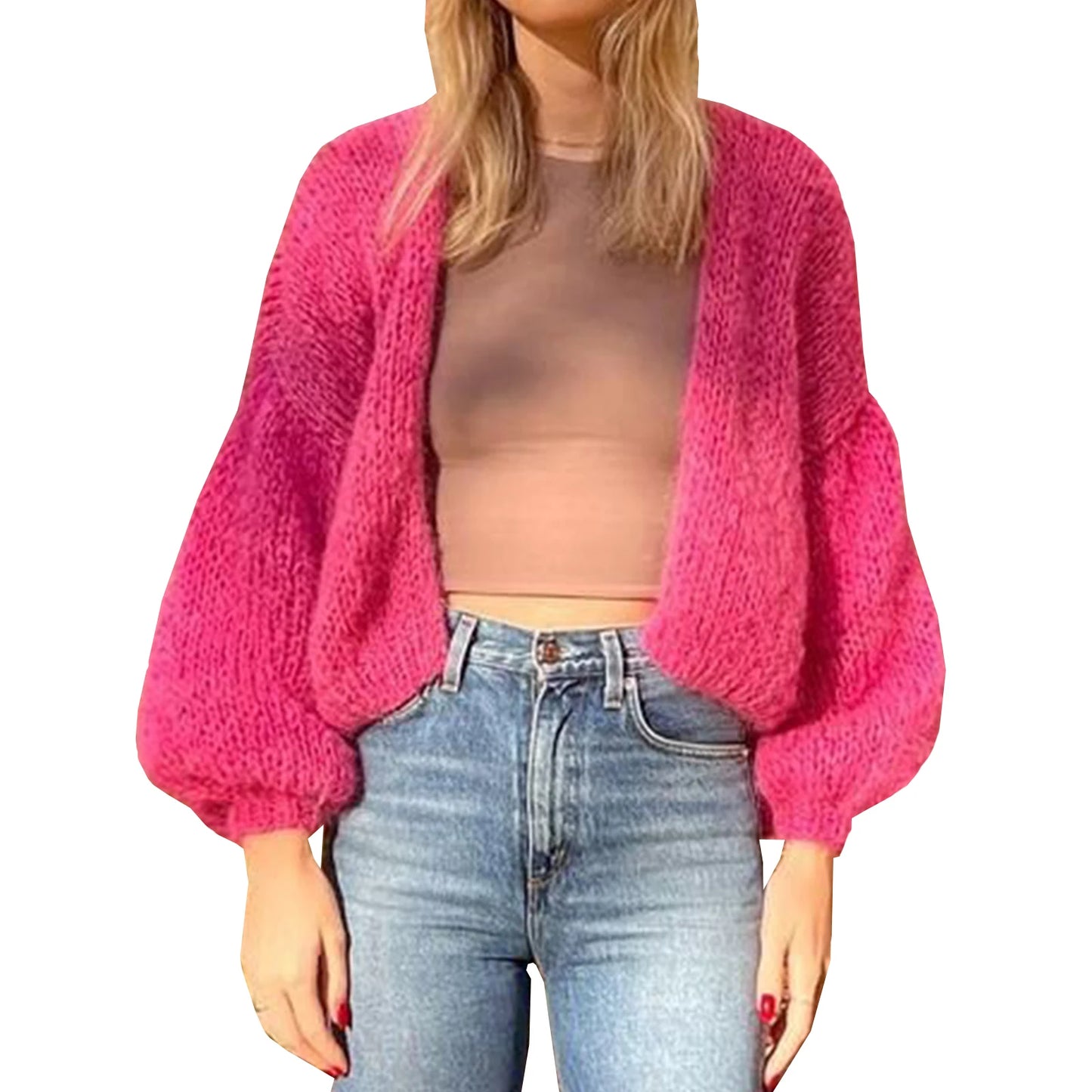 Women s Cozy Knit Sweater Long Puff Sleeve Open Front Solid Color Cardigan Winter Jacket with Faux Fur Trim