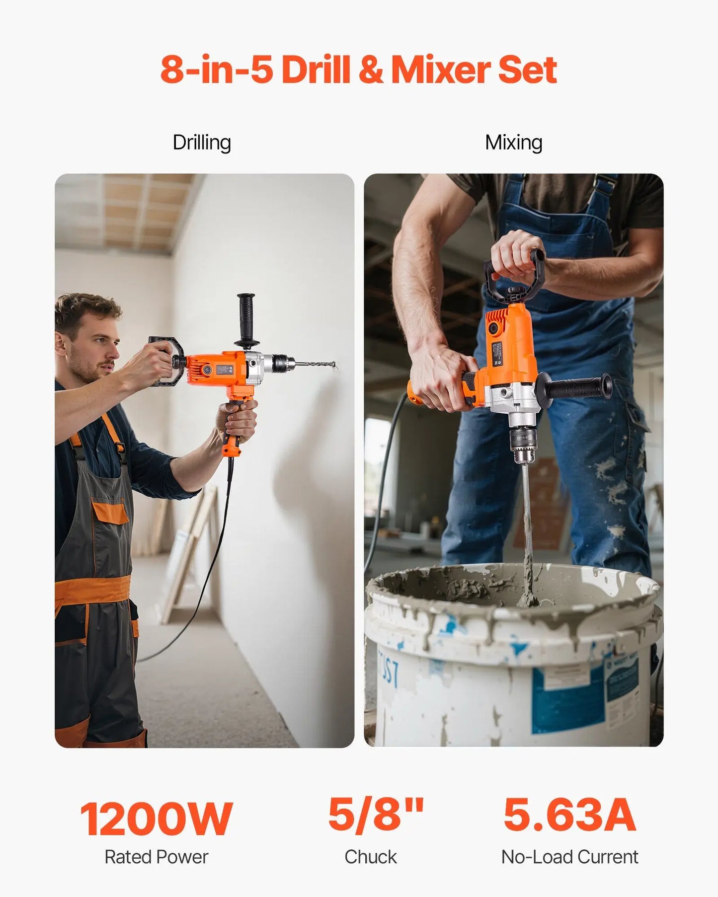 1200W Drill Mixer 5/8 inch 0-750 RPM Mixing Drills Machine with D-Handle 2-in-1 Handheld Cement Mixers for Cement Paint Fodder